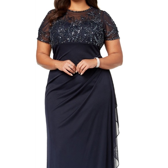 XSCAPE Women’s Navy Dress Beaded Empire-Waist Formal Gown Plus Size 14W -DISPLAY - Picture 3 of 12